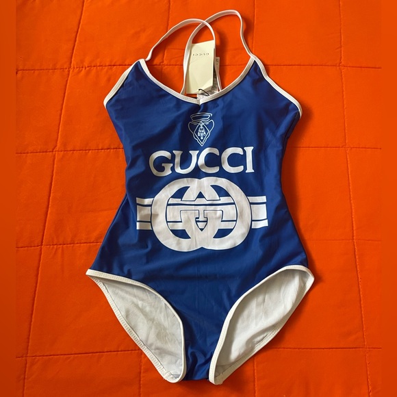 GUCCI Swimsuit Womens Logo Sparkling Blue One Piece Swimsuit Medium - Picture 1 of 6